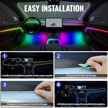 Acrylic Ambient Lighting Car Interior, 6 in 1 Dream Color Acrylic Led Strips Fiber Optic Lights with APP USB Hub, 16 Million Colors 187 Inches Flexible Neon Music Sync Emotion Glow Light for Car Dash