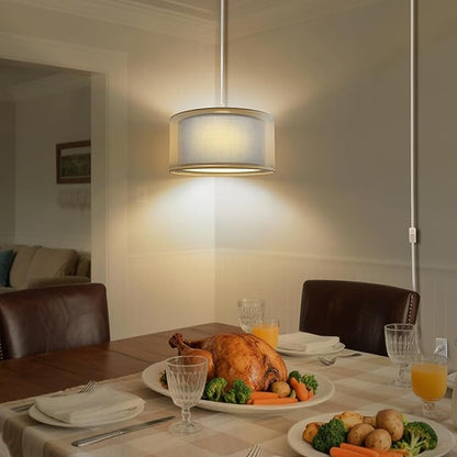 Plug in Pendant Light, 15FT White Cord Hanging Lights with Plug in Cord, Hanging Light with On/Off Switch, Double Linen Shade Fabric Design, Pendant Llight Fixture for Bedroom Restaurant Grey