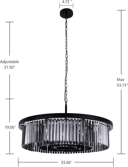 Wellmet Crystal Chandeliers for Dining Room,9 Lights Modern Black Crystal Pendant Light,Farmhouse Chandelier for Bedroom,Ceiling Lighting Fixture for Kitchen Island,Living Room,Hallway,W-33.46”