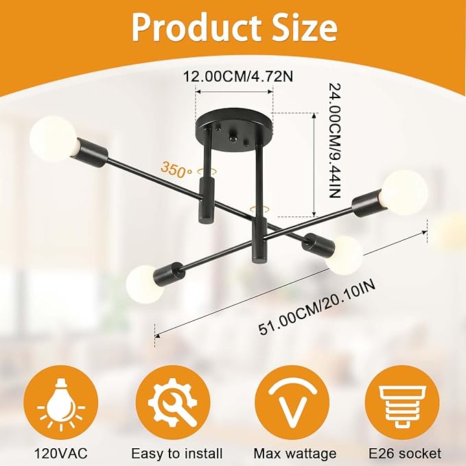 Modern Sputnik Chandelier 4-Light Adjustable Ceiling Light Fixture Black Semi Flush Mount Ceiling Lamp with E26 Base Industrial Ceiling Light for Dining Room Bedroom Foyer Hallway Living Room