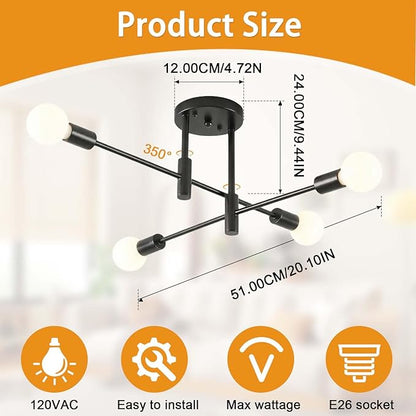 Modern Sputnik Chandelier 4-Light Adjustable Ceiling Light Fixture Black Semi Flush Mount Ceiling Lamp with E26 Base Industrial Ceiling Light for Dining Room Bedroom Foyer Hallway Living Room