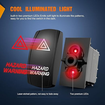 Nilight Hazard Warning Rocker Switch 5 Pin Laser On Off SPST switches 20A/12V 10A/24V Red LED Light Emergency w/Jumper Wires Set for Cars Trucks Boats ATVs UTVs RVs