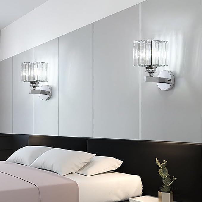 Hardwired Crystal Wall Sconces, Modern E27 Wall Lights, Silver Square Finish Wall Lamp for Living Room Bedroom Dining Room Hallway Entryway (Silver Square)