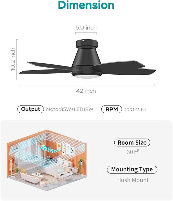42 Inch Ceiling Fans with Lights, Quiet Reversible Fan with Remote & APP Control, 6-Speed, 3 Color Temperatures Dimmable LED, DC Motor, Low Profile Ceiling Fan for Bedroom Living Room, Black