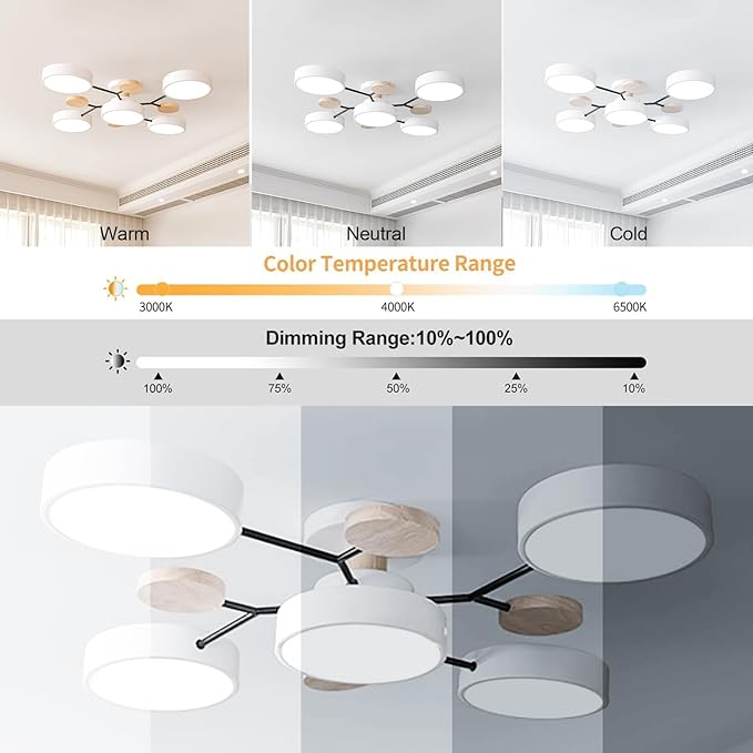 Dimmable LED Flush Mount Ceiling Light Fixture with 3000K-6000K Light Color Adjustable,40W 30Inch Chandelier Modern Wooden Ceiling Lamp for Bedroom Kitchen,5-Lights Indoor Lighting White Pendant Light