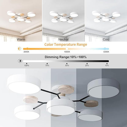 Dimmable LED Flush Mount Ceiling Light Fixture with 3000K-6000K Light Color Adjustable,40W 30Inch Chandelier Modern Wooden Ceiling Lamp for Bedroom Kitchen,5-Lights Indoor Lighting White Pendant Light