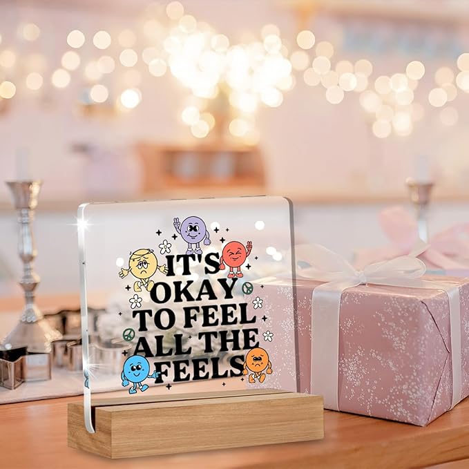 Therapy Office Decor, Mental Health Gifts for Therapist School Counselor Psychology, Cute Counseling Students Classroom Feel All the Feel Acrylic Plaque Office Desk Decor
