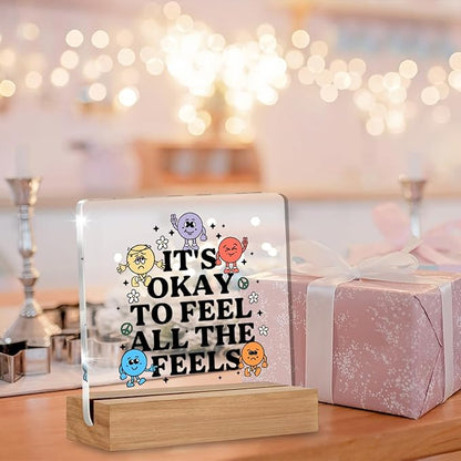 Therapy Office Decor, Mental Health Gifts for Therapist School Counselor Psychology, Cute Counseling Students Classroom Feel All the Feel Acrylic Plaque Office Desk Decor