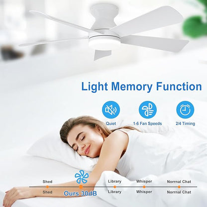 Depuley 42-Inch Ceiling Fans with Lights: Indoor/Outdoor Flush Mount Ceiling Fan with Remote Control - White 5 Blade Low Profile Fandelier for Kitchen Gazebo - Reversible Quiet Timer - 2 Packs