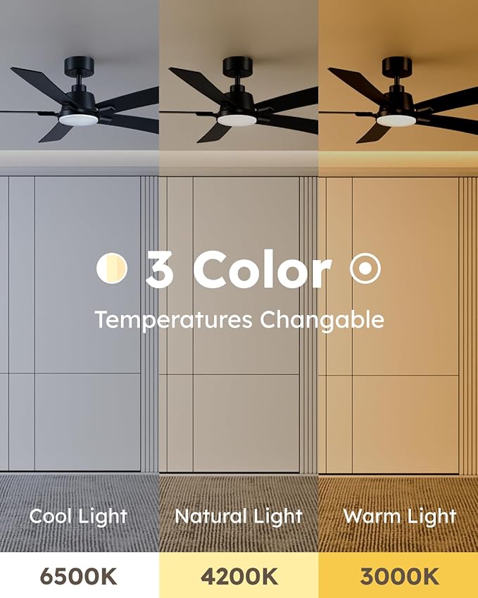 52 Inch Ceiling Fans with Lights and Remote, Black Ceiling Fan, Downrod Style with 5 Blades, Modern Design For Indoor Bedroom Living Room/Outdoor, 6 Speed Reversible DC Motor, 3CCT Dimmable LED