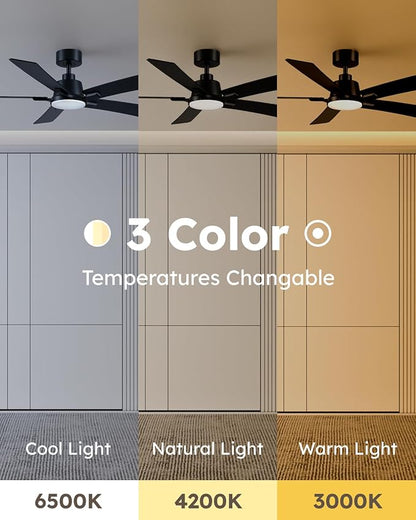 52 Inch Ceiling Fans with Lights and Remote, Black Ceiling Fan, Downrod Style with 5 Blades, Modern Design For Indoor Bedroom Living Room/Outdoor, 6 Speed Reversible DC Motor, 3CCT Dimmable LED