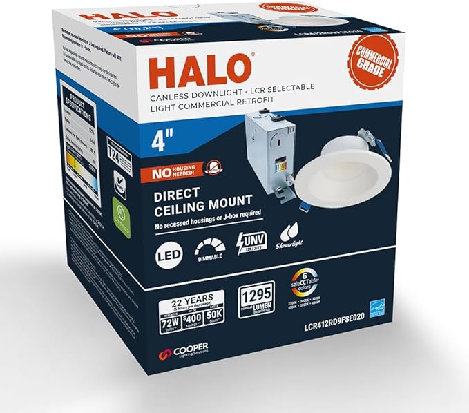 HALO LCR 4 in Canless LED Recessed Light, 14W, Dimmable, 1300 Lumens, 6 Selectable CCT 2700K-6500K, Wet Location, IC Rated Indoor Outdoor Ceiling Downlight, Matte White - LCR412RD9FSE020