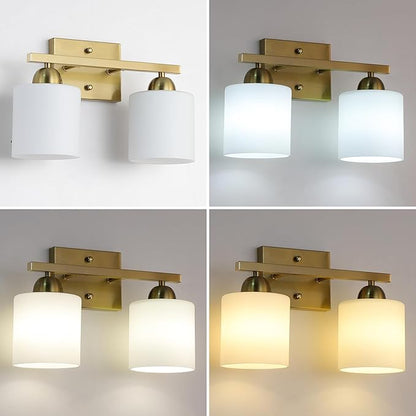 Mecgirn Stainless Steel Milk Glass Vanity Lights for Bathroom, 2 Light Gold Bathroom Light Fixtures Over Mirror, Ceramic E26 Sockets Wall Mounted