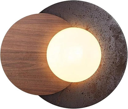 Natural Travertine Wall Sconce, Minimalist Walnut & Stone Wall Light with G9 LED Bulb, Modern Geometric Globe Wall Lamp for Bedroom Bedside, Hallway, Living Room, Warm Organic Decor