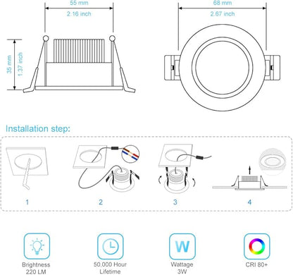 2 Inch LED Downlight, 3W Recessed Lighting Dimmable Ceiling Light Kit, 5000K Daylight White, CRI80 LED Can Lights with Driver(35W Halogen Equivalent), 6 Pack