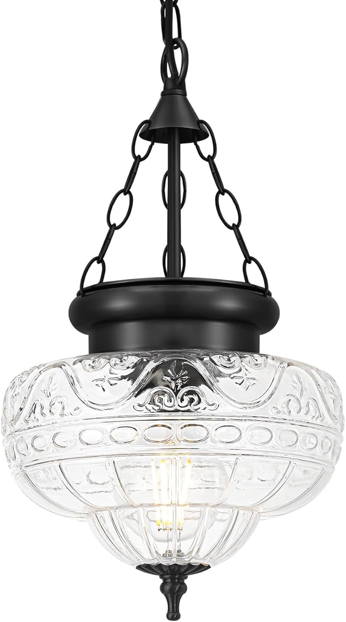 Vintage Pendant Light, Matte Black Pendant Lights Kitchen Island with Unique Thickened Glass, Hanging Lighting Fixtures with Adjustable Chain, Chandelier for Kitchen, Island, Dining Room, Entryway