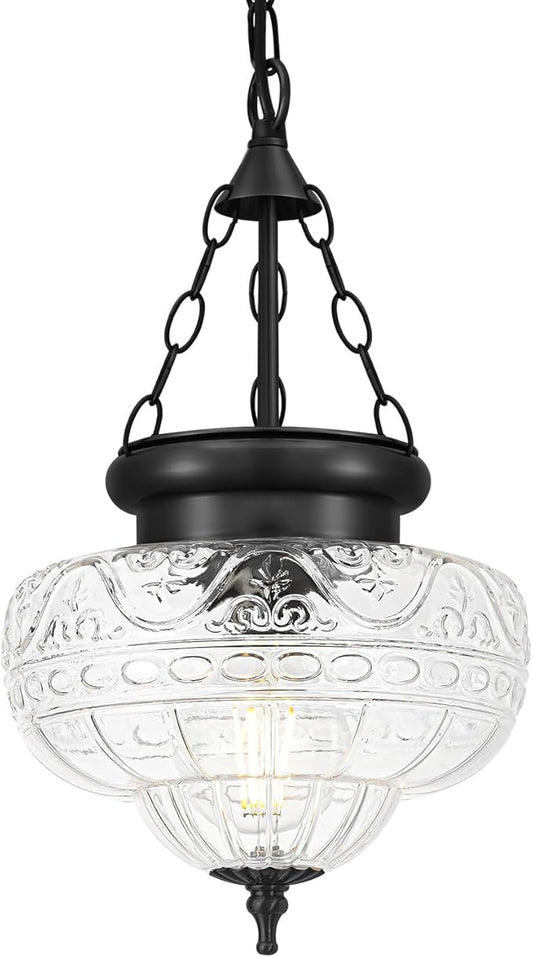 Vintage Pendant Light, Matte Black Pendant Lights Kitchen Island with Unique Thickened Glass, Hanging Lighting Fixtures with Adjustable Chain, Chandelier for Kitchen, Island, Dining Room, Entryway