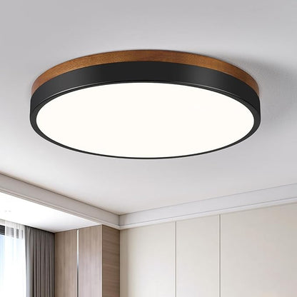 Modern Walnut Wood Black Flush Mount Ceiling Light, 11.81" Round LED Low Profile Close to Ceiling Fixture for Kitchen Bedroom Bathroom Laundry Hallway Entryway Closet Living Room