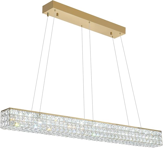 ykolupty W48 Rectangular Gold Crystal Chandelier Modern Rectangle Pendant Ceiling Light Fixture for Living Room Dining Room Kitchen Island Bar