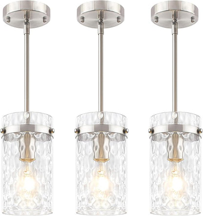 3 Pack Brushed Nickel Pendant Lights Kitchen Island, Modern Hammered Glass Pendant Lighting Over Island Hanging Bathroom Light Fixtures Adjustable Mini Pendant Light for Hallway Entryway Dining Room