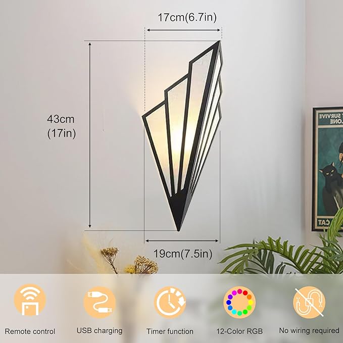 Modern Battery Operated Wall Sconces Set of Two, Simple Creative Wall Lamp Art Deco Lighting Fixture with Remote Control, RGB Dimmable Led Wall Light for Bedside Bedroom Living Room (Black)