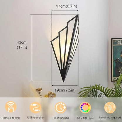 Modern Battery Operated Wall Sconces Set of Two, Simple Creative Wall Lamp Art Deco Lighting Fixture with Remote Control, RGB Dimmable Led Wall Light for Bedside Bedroom Living Room (Black)