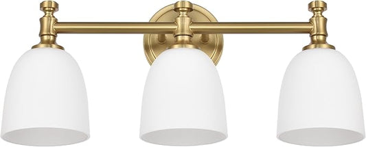 Gold Bathroom Vanity Light, 3-Light Bathroom Light Fixtures Over Mirror, Traditional Vanity Lights for Living Room, Milk White Bell Glass Shades, Standard E26 Base, Aged Brass