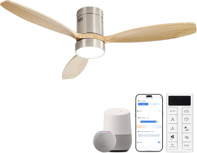 Sofucor 52 Inch Smart Ceiling Fans with Light-Modern Solid Wood Outdoor 3 Blades Ceiling Fan with Light Alexa/Google/APP/Remote Control for Bedroom Living Room Farmhouse,Brushed Nickel&Natural Wood