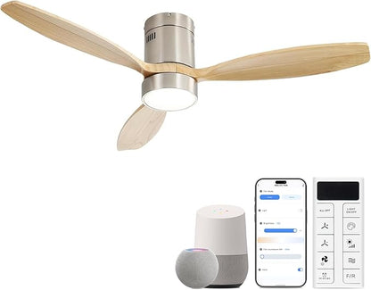 Sofucor 52 Inch Smart Ceiling Fans with Light-Modern Solid Wood Outdoor 3 Blades Ceiling Fan with Light Alexa/Google/APP/Remote Control for Bedroom Living Room Farmhouse,Brushed Nickel&Natural Wood