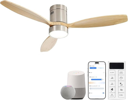 Sofucor 52 Inch Smart Ceiling Fans with Light-Modern Solid Wood Outdoor 3 Blades Ceiling Fan with Light Alexa/Google/APP/Remote Control for Bedroom Living Room Farmhouse,Brushed Nickel&Natural Wood