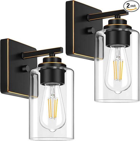 Set of 2 Wall Sconces for Bathroom, Modern Vanity Light Fixtures, Bronze Wall Mount Lighting Lanterns, Farmhouse Wall Lights with Clear Glass Shade for Bedroom Living Room Mirror Hallway Kitchen