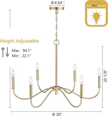 6-Light Gold Chandelier, Modern Gold Pendant Light, Adjustable Height Farmhouse Chandelier, Ceiling Light Fixture for Dining Room Bedroom Foyer Living Room Kitchen Island