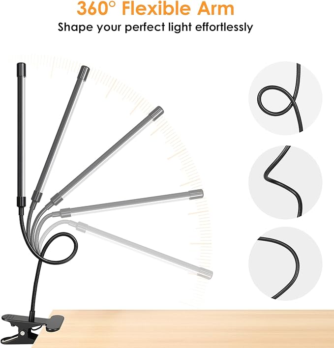 ShineTech LED Desk Lamp with Clamp, 3-Head Ultra-Wide Lighting, 4 Color Modes, Adjustable Gooseneck Task Lamp, Eye-Safe Dimming, Memory & Auto-Off Timer, Desk Light for Home Office, Study, Reading