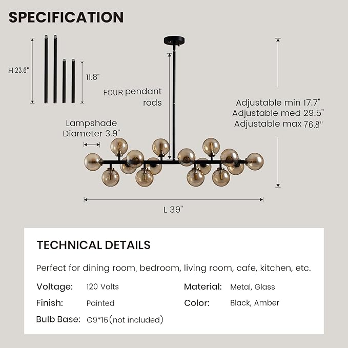 Mid Century Modern Chandeliers for Dining Room, 39" Linear Pendant Light Fixtures with Amber Glass Globe, 16-Light Sputnik Hanging Light for Living Room Kitchen Island