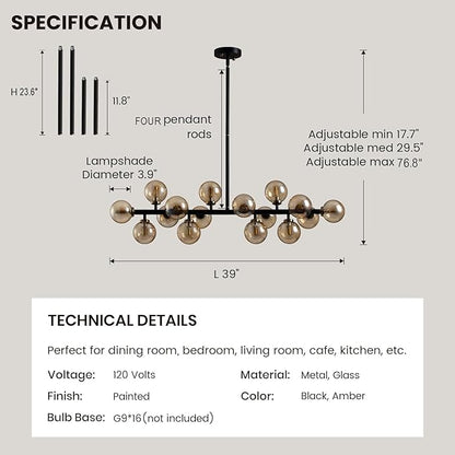 Mid Century Modern Chandeliers for Dining Room, 39" Linear Pendant Light Fixtures with Amber Glass Globe, 16-Light Sputnik Hanging Light for Living Room Kitchen Island