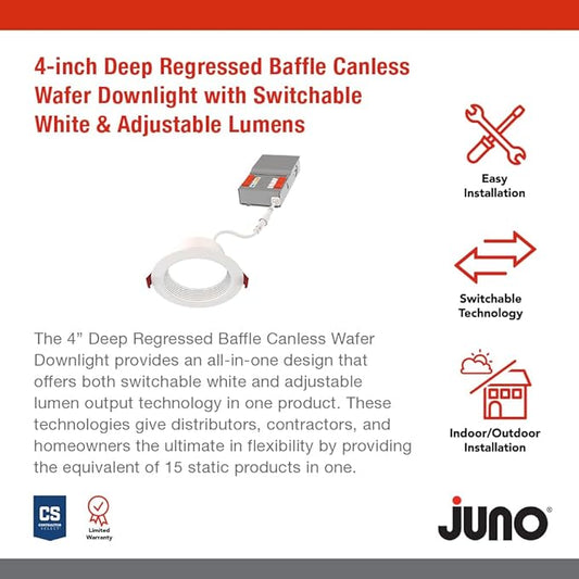 Juno Canless LED Wafer Light, Round Wafer Downlight, 5-in-1 Switchable White Color Temperature, Adjustable Brightness, Deep Regressed Baffled Trim, 4-Inch, White (WF4 Dreg B ALO19 SWW5 90CRI MW M6)