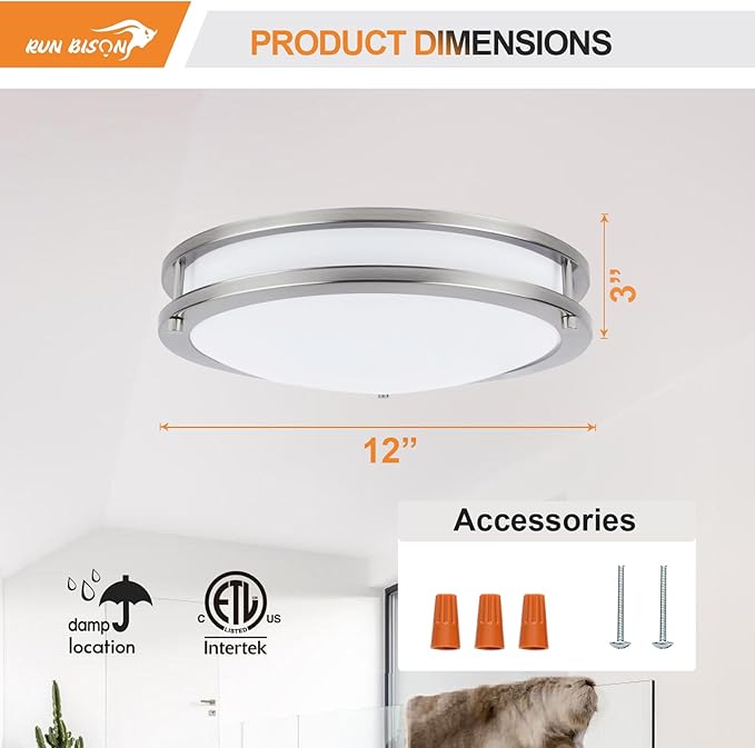 12IN Double Ring Flush Mount Fixture, 15W, 1000LM, with 5CCT 2700K-5000K Adjustable LED Ceiling Lighting, Dimmable Ceiling Light for Hallway, Bedroom, Kitchen, ETL Listed - 2PK