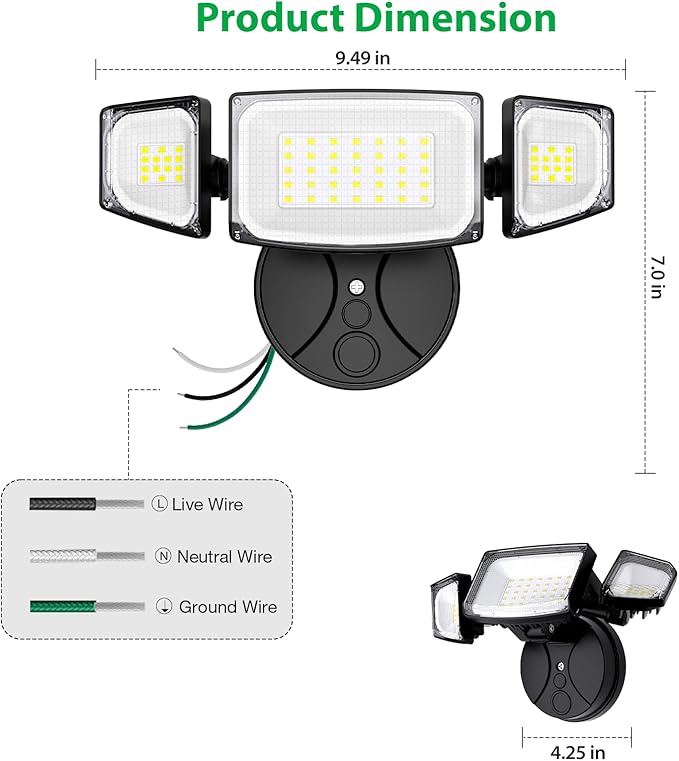iMaihom 65W 6500LM LED Outdoor Flood Light, Switch Controlled Outdoor Security Light, 3 Adjustable Heads, IP65 Waterproof, 6500K Daylight White, Hardwired Wall Mount Light for Garage Yard Patio, Black
