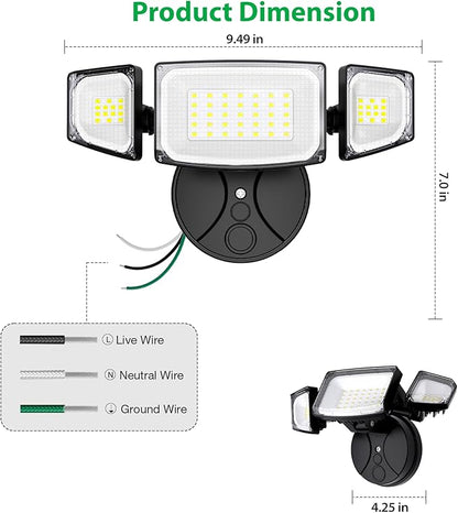 iMaihom 65W 6500LM LED Outdoor Flood Light, Switch Controlled Outdoor Security Light, 3 Adjustable Heads, IP65 Waterproof, 6500K Daylight White, Hardwired Wall Mount Light for Garage Yard Patio, Black