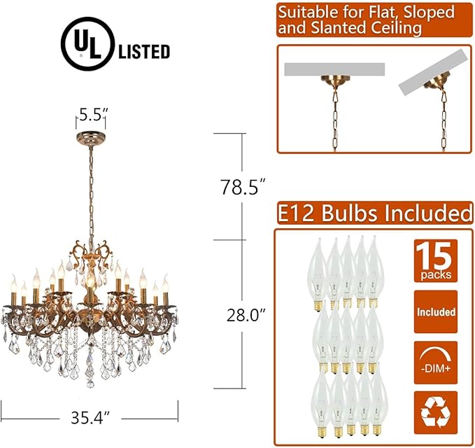 Crystal Chandeliers Contemporary Chandelier Island Lighting 15 Lights Candle Pendant Ceiling Light Fixture for Dining Room Living Room Kitchen Bedroom Hallway Entry D35.4