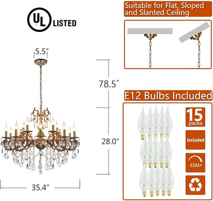 Crystal Chandeliers Contemporary Chandelier Island Lighting 15 Lights Candle Pendant Ceiling Light Fixture for Dining Room Living Room Kitchen Bedroom Hallway Entry D35.4