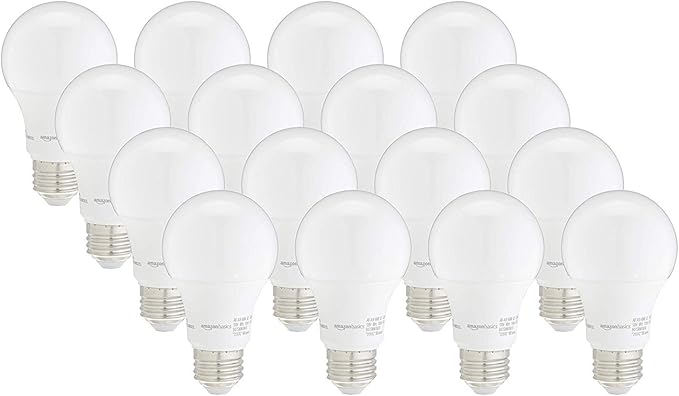 Amazon Basics A19 LED Light Bulbs, 60W Equivalent, 9W Energy Efficient, E26 Standard Base, Soft White 2700K, Dimmable, 10,000 Hour Lifetime, 16-Pack
