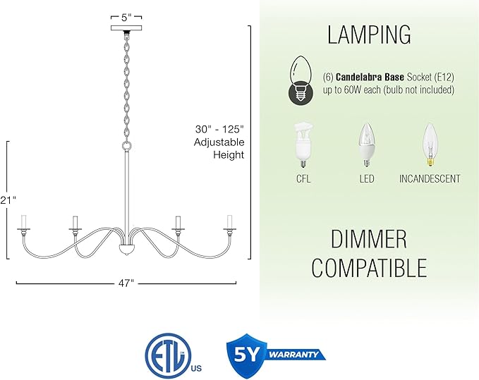 Kira Home Archer 47" 6-Light Large Farmhouse Gold Chandelier, Modern Gold Ceiling Fixture with Elegant Curved Swoop Arms, Cool Brass Finish