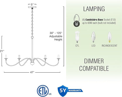 Kira Home Archer 47" 6-Light Large Farmhouse Black Chandelier, Modern Black Ceiling Fixture with Elegant Curved Swoop Arms, Black Finish
