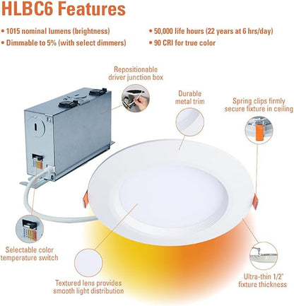 HALO HLBC 6 in Ultra-Slim Canless LED Recessed Downlight with Regressed Lens, Selectable CCT 2700K-5000K, Dim-to-Warm Technology, 900 Lumens, Wet Location Rated - HLBC6099FSD2W1EMW