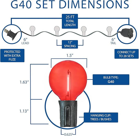 Novelty Lights G40 Filament LED String Light, Translucent Red/White/Blue Bulbs, 25 Globe Lights with 12" Spacing on Black Wire, Indoor/Outdoor Festive Patio Lights