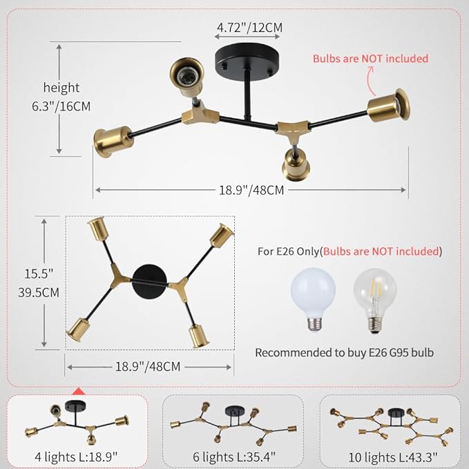 Modern Semi Flush Mount Ceiling Light,Mid Century 4 Light Lighting Fixture for Dining Room Bedroom Kitchen Foyer Entryway Hallway Laundry,Metal Gold and Black Sputnik Chandelier