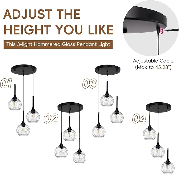 3 Light Pendant Lighting: 5.91'' Glass Pendant Lights Kitchen Island with Hammered Glass & Black Finish - Modern Minimalist Hanging Light Fixture for Kitchen Sink Dining Room - E26 Base