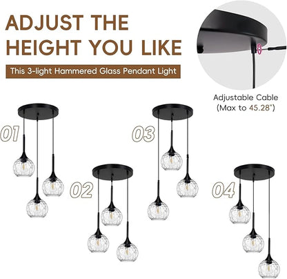 3 Light Pendant Lighting: 5.91'' Glass Pendant Lights Kitchen Island with Hammered Glass & Black Finish - Modern Minimalist Hanging Light Fixture for Kitchen Sink Dining Room - E26 Base