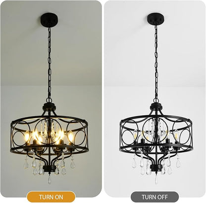 6-Light Modern Black Crystal Chandelier, Farmhouse Ceiling Light Fixture, Hanging Metal Pendant Lights Kitchen Island Dining Room Entryway Foyer